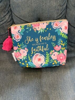 Fearless Floral Navy Cosmetic Pouch with Pink Tassel